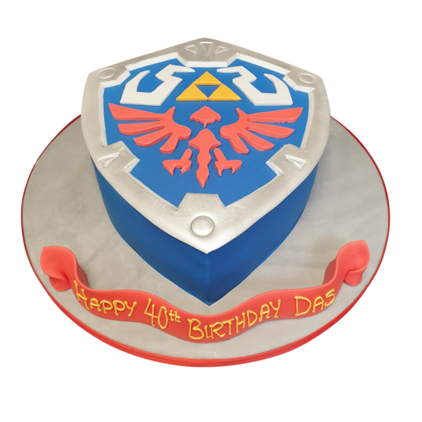 A beautifully decorated cake inspired by the Zelda Shield, perfect for gamers and fans of the iconic video game series. Detailed design with intricate patterns and colors.