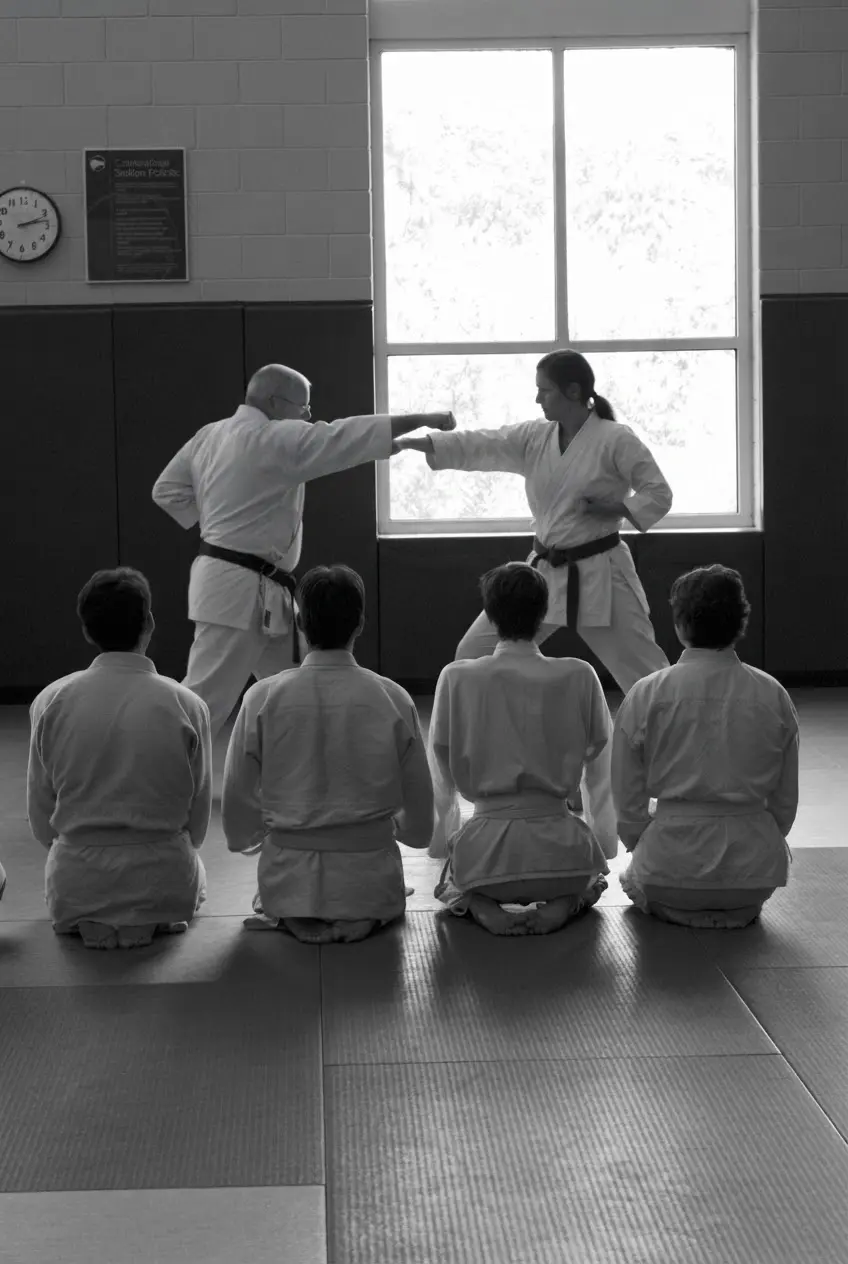 Studio photography, A karate instructor teaches a student a punch while others observe. The scene has a focused, disciplined atmosphere.