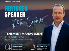 A poster with Peter Costello standing in front of a farmland background with AusIMM logo and Costello Group logos at the top. The words 'FEATURED SPEAKER Peter Costello are written with the event dates and details.