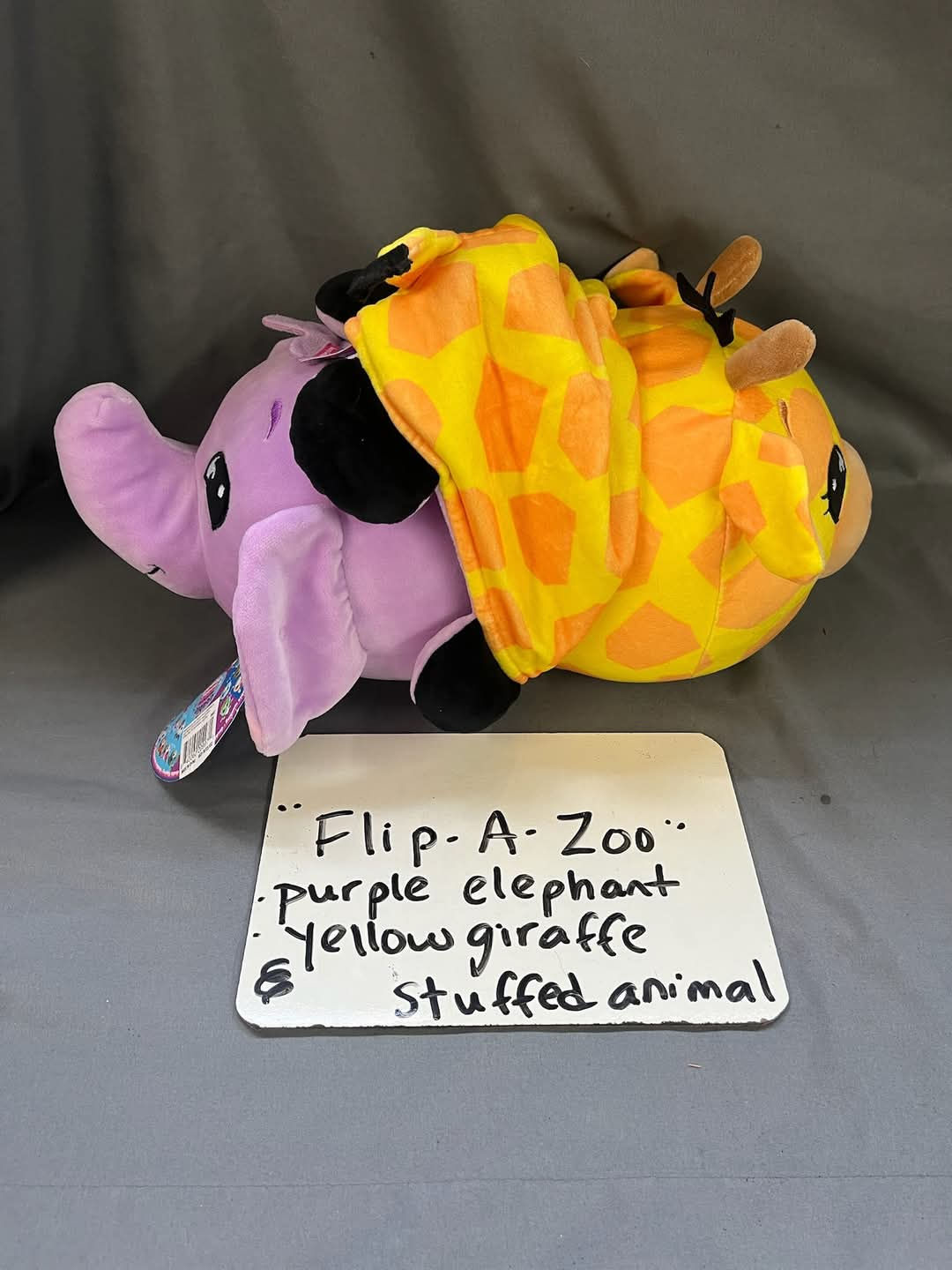 "Flip-A-Zoo" Purple Elephant +Yellow Giraffe Stuffed Animal