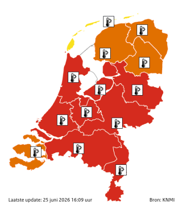 KNMI weerkaart toont code rood en oranje i.v.m. hitte