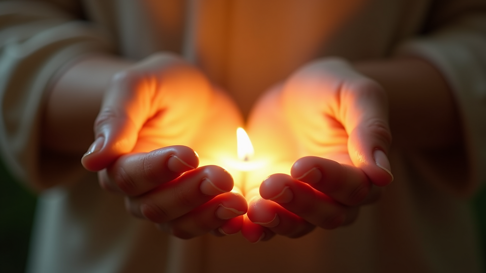 Close-up view of hands performing energy healing with soft glowing light