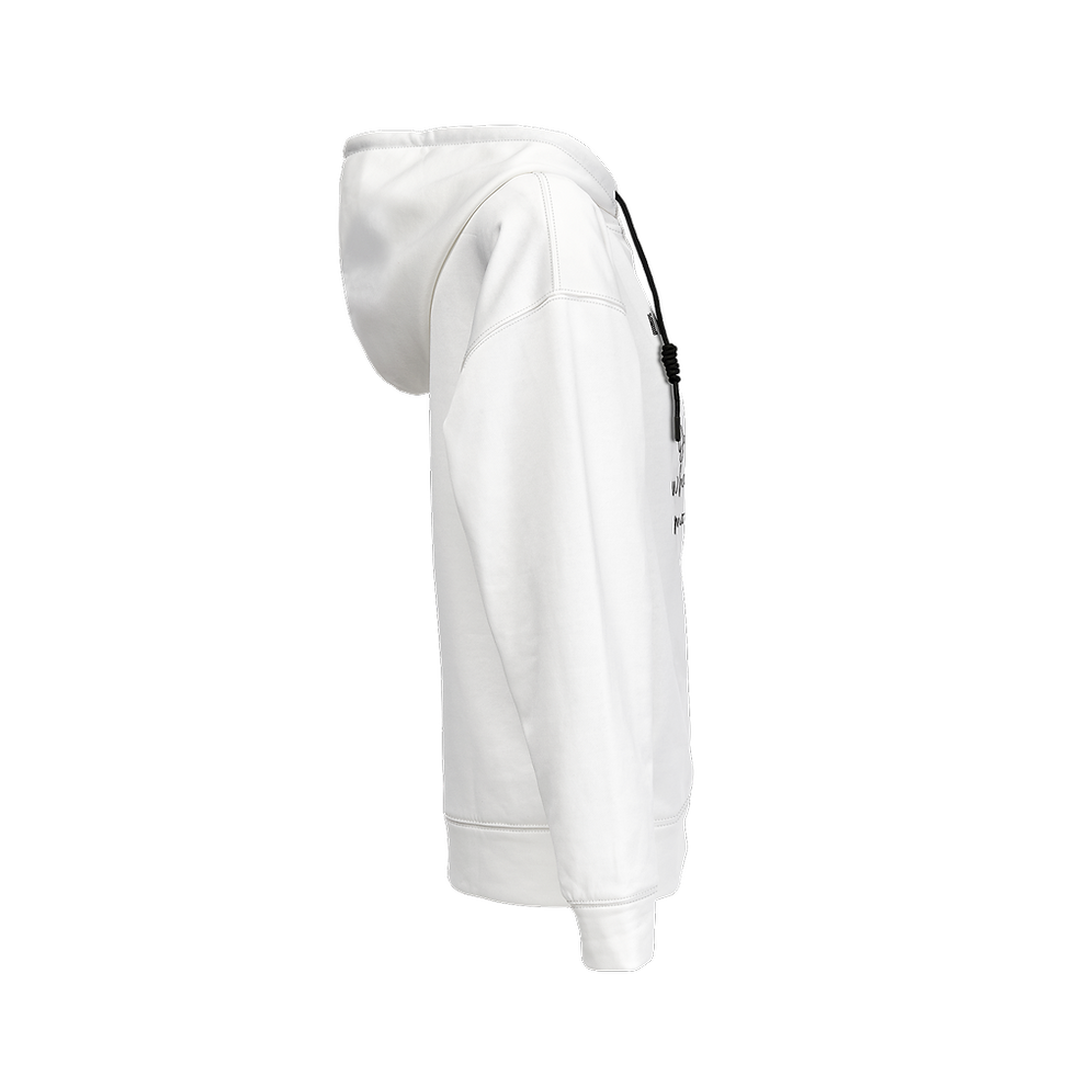 White hoodie with printed graphic in black lettering.