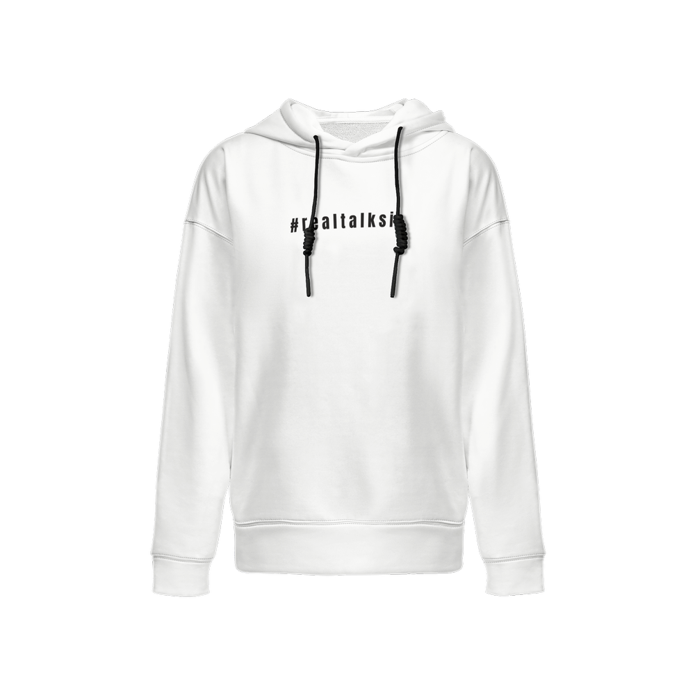 White hoodie with printed graphic in black lettering.