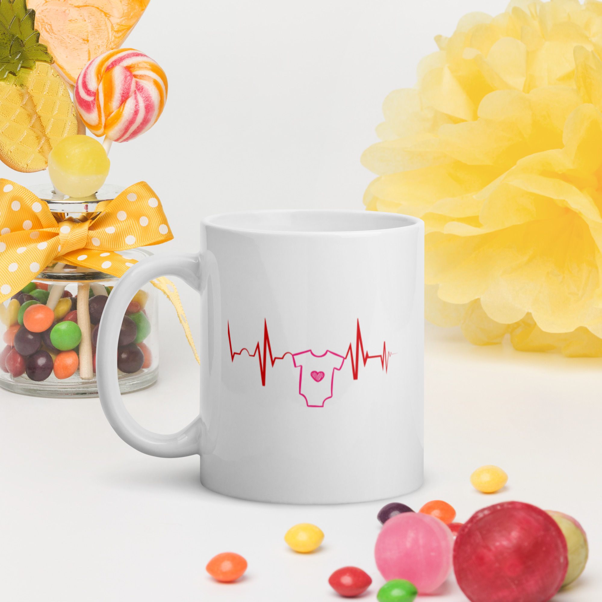 Pink Heartbeat Onesie White glossy mug