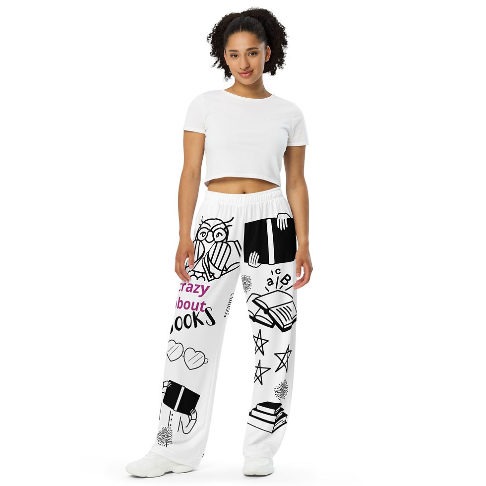 Woman modeling white pants with various graphics about reading books