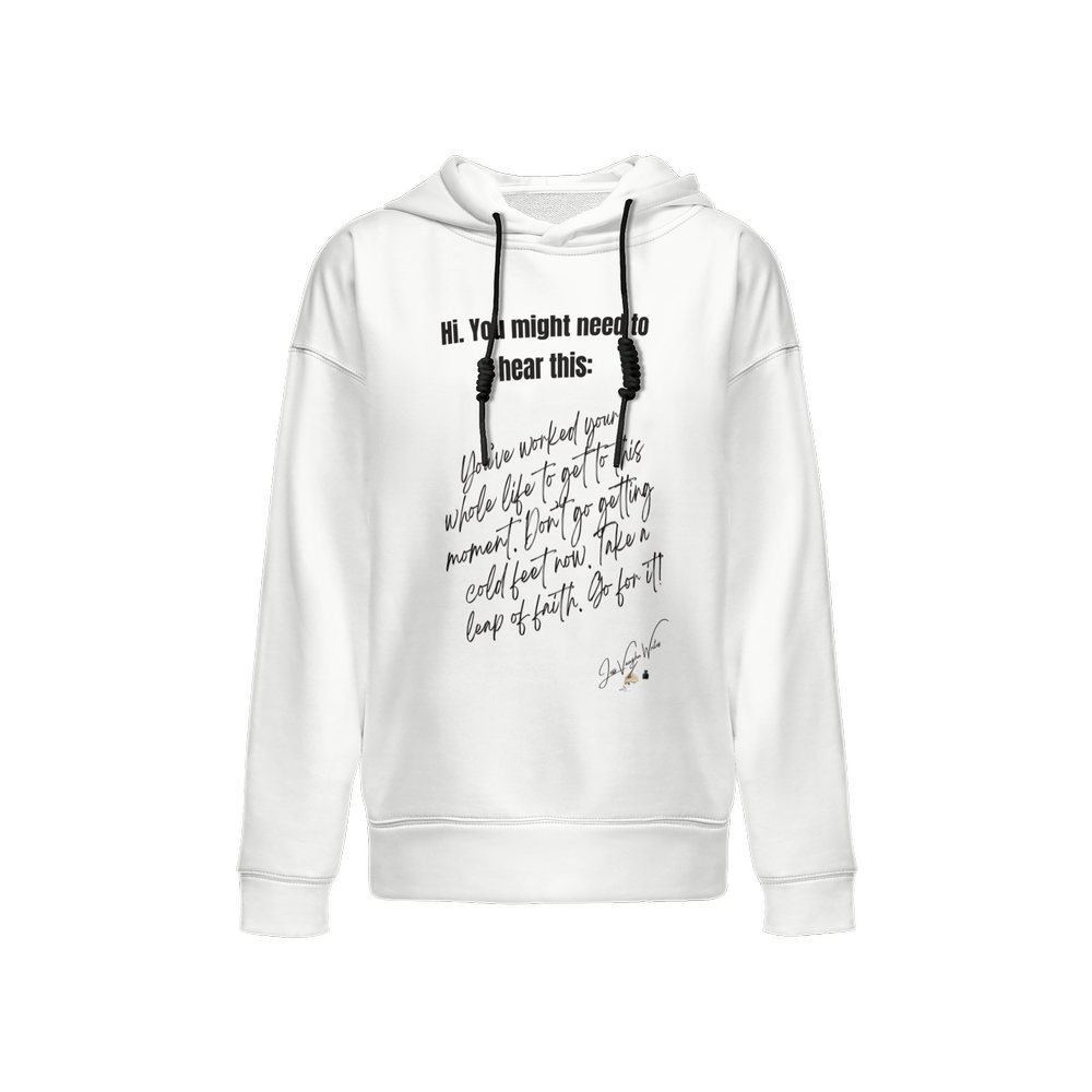 White hoodie with printed graphic in black lettering.