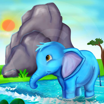 Baby blue elephant stands knee high in crystal clear water that reflects the light blue skies. An orange sun in the background going down near a huge rock.