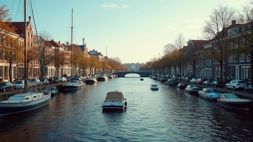 Vista aérea dos canais de Amsterdam com barcos e casas típicas
