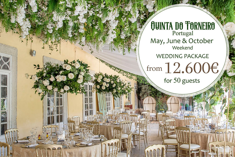 Um pacote para jantar e festa de casamento com decoração no terraço coberto da Quinta do Torneiro