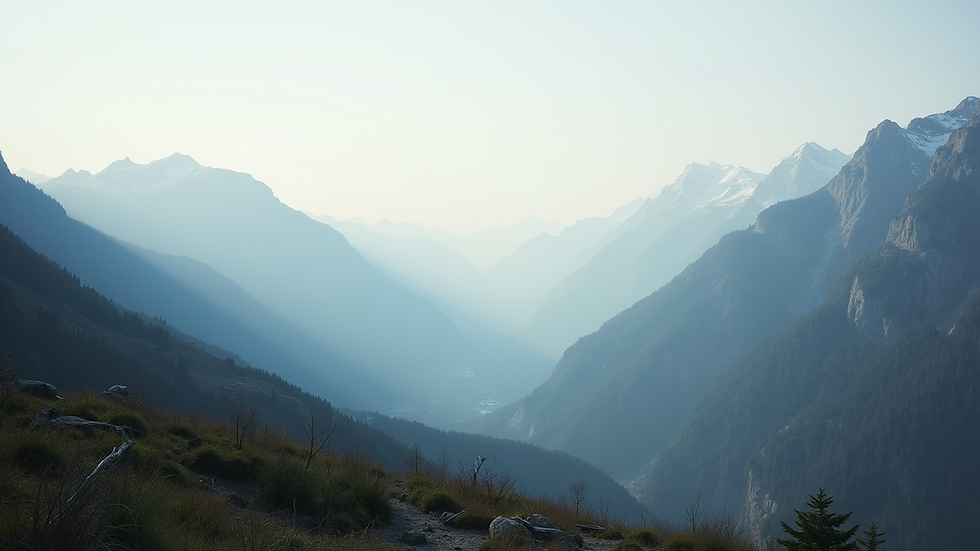 Wide angle view of a serene mountain landscape