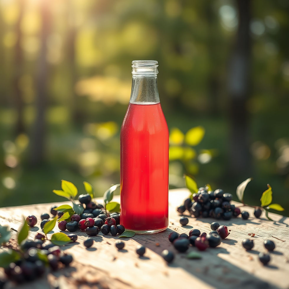 A single glass bottle of elderberry juice sitting on a rustic wooden surface, surrounded b