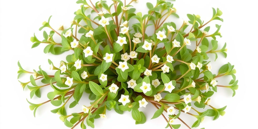 A cluster of fresh cleavers plant stems with small star-shaped light green leaves and tiny