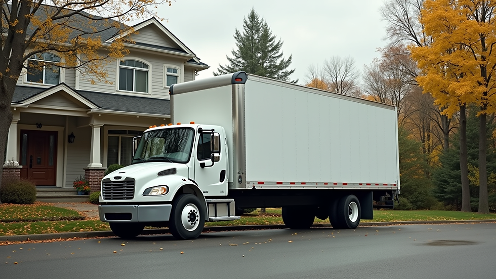 Wide angle view of a moving truck parked in front of a house