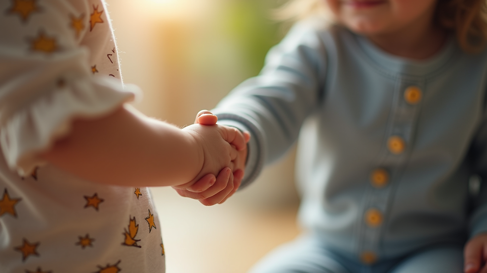 Close-up view of a parent’s hand gently holding a toddler’s hand during playtime