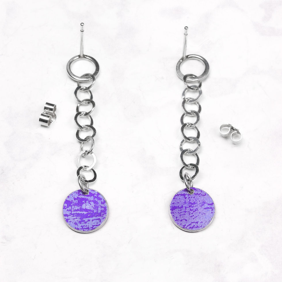 Thumbnail: Purple aluminium disc silver chain dangly earrings on a white background