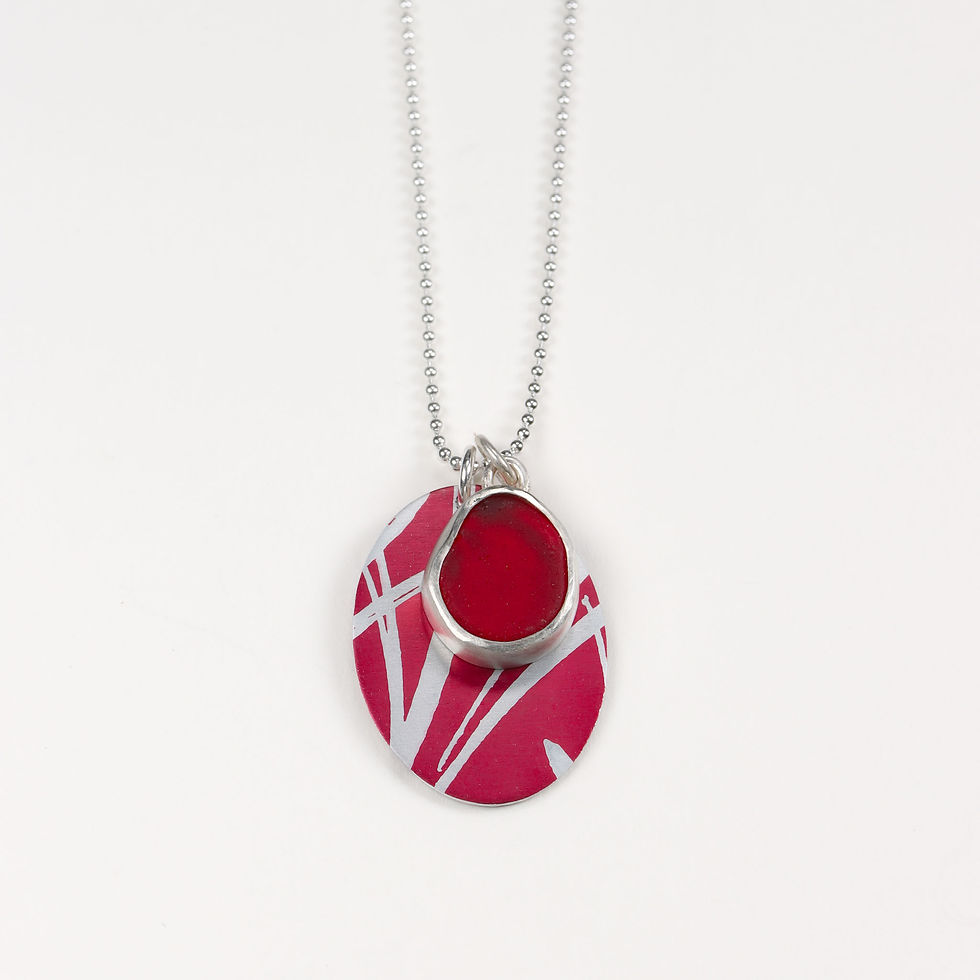 Thumbnail: Magenta pink red sea glass, aluminium and silver 3 in 1 cluster necklace on a white background