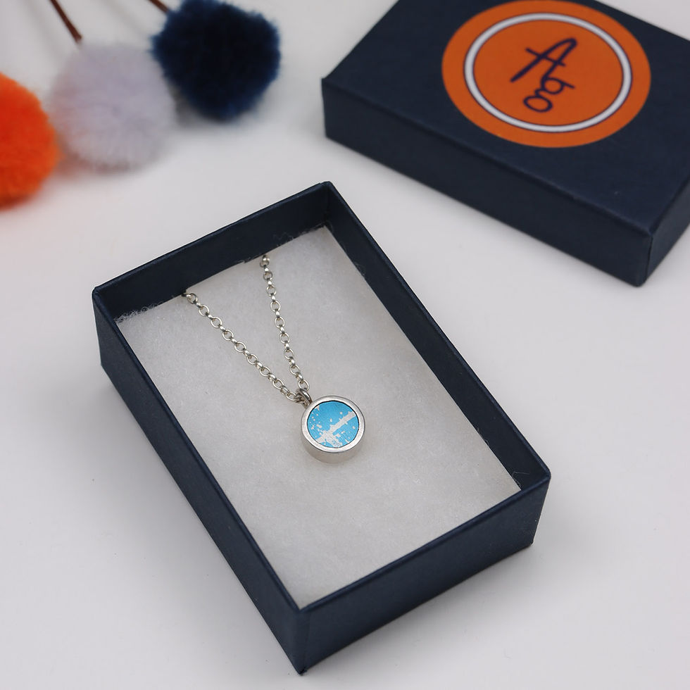 Thumbnail: Blue and silver anodised aluminium and silver pendant cute necklace in a jewellery box on a white background