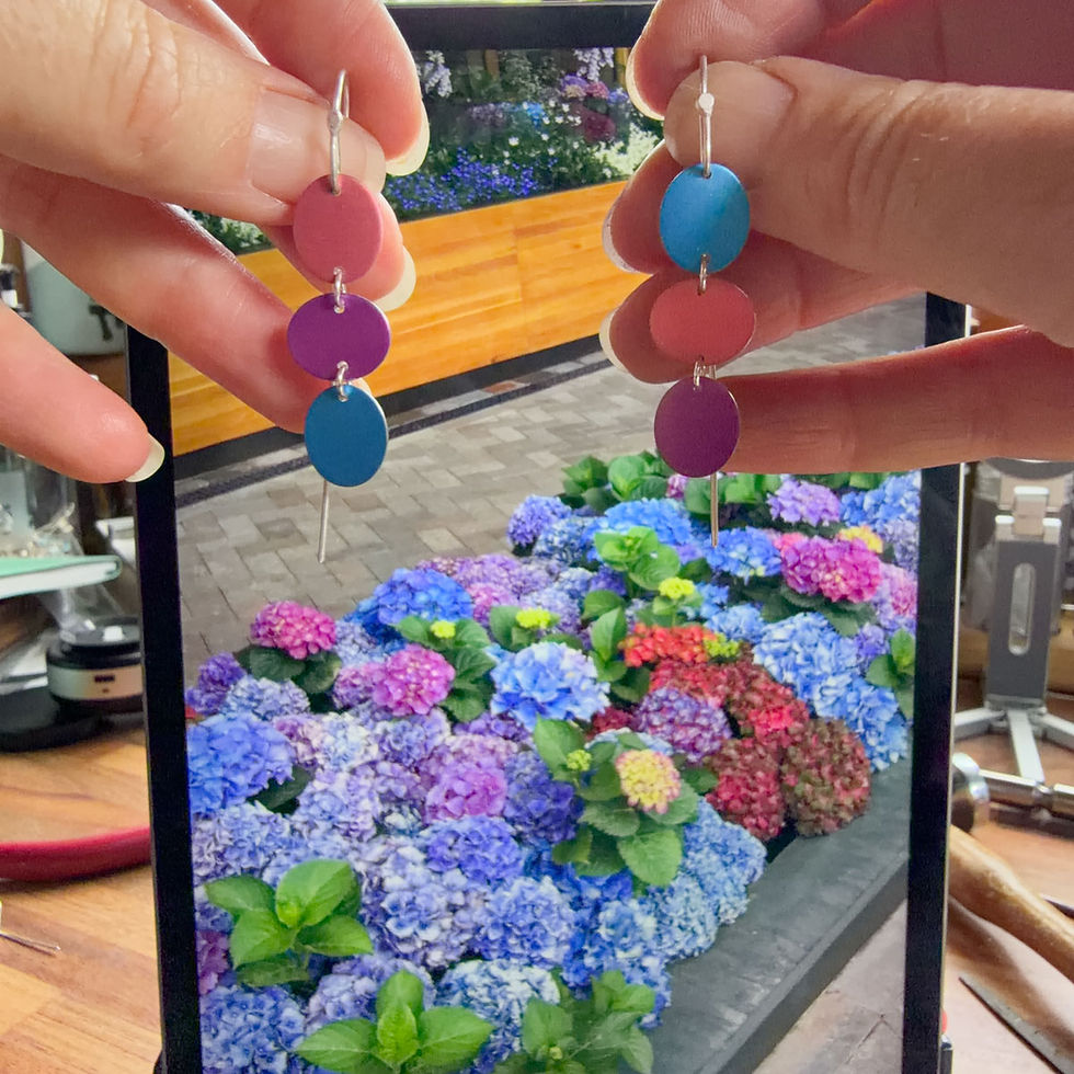 Thumbnail: Hydrangea colour pop triple silver earrings with photo of hydrangeas