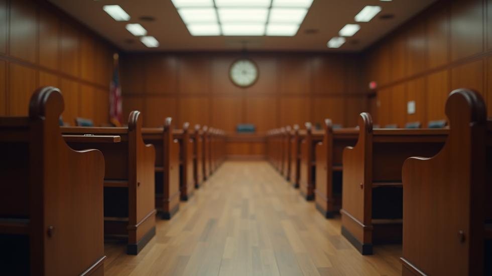 Eye-level view of a courtroom with empty benches