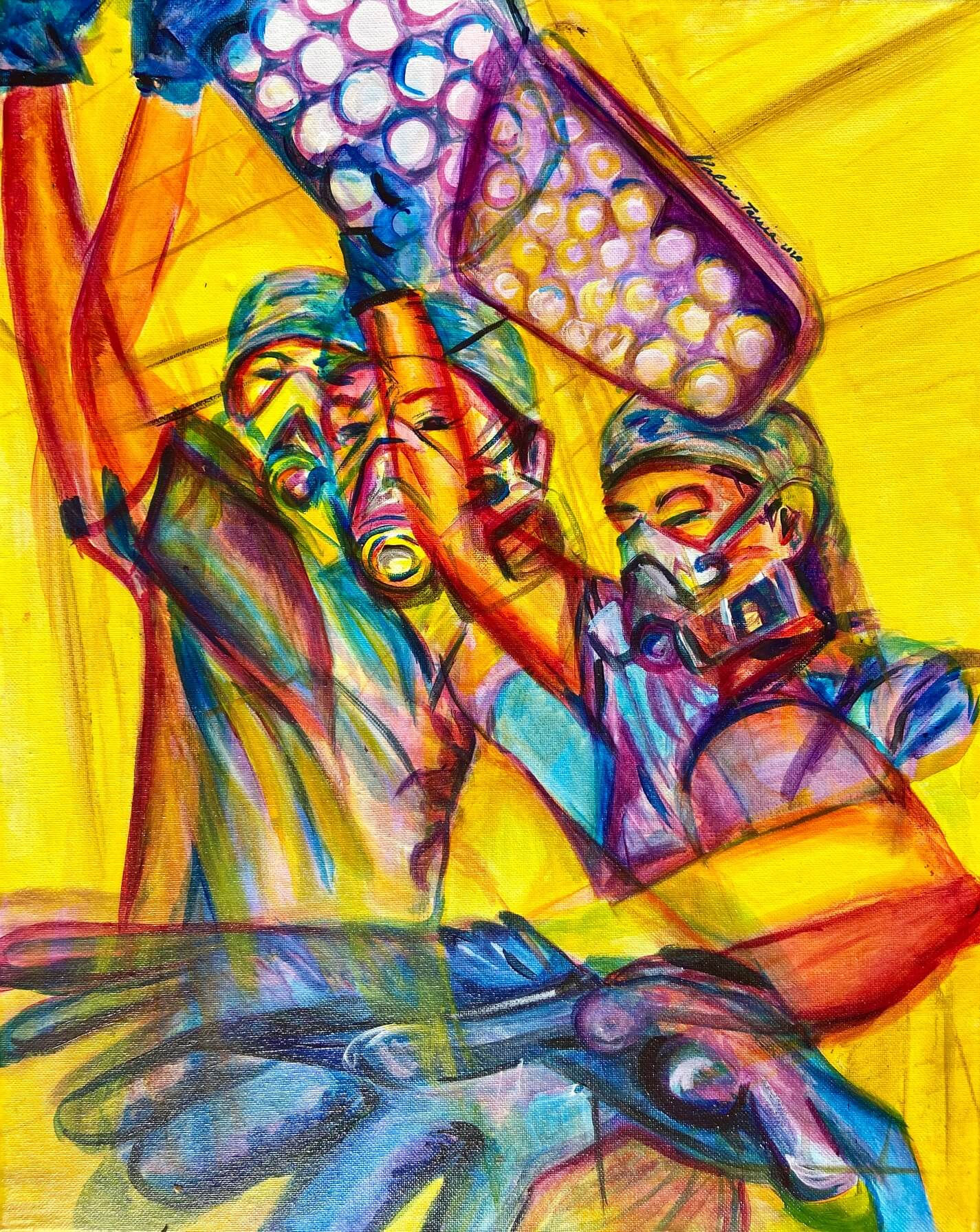 Bright primary acrylic colors and foreshortened perspective of medical professionals fighting the covid19 pandemic