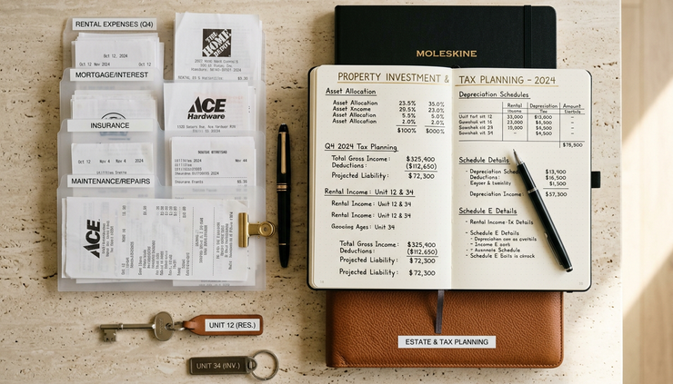 Overhead view of neatly sorted receipts, property keys, and a personal finance notebook on a stone countertop.