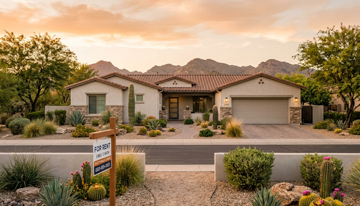 Wide-angle view of a desert rental home with a simple for-rent sign near a gravel walkway.