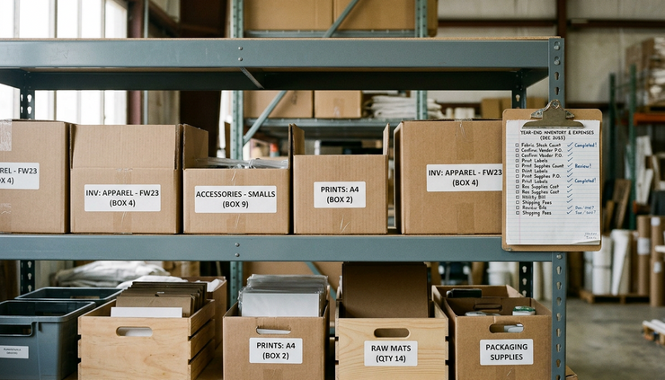 Eye-level view of a small warehouse shelf with labeled inventory boxes and a handwritten expense checklist.