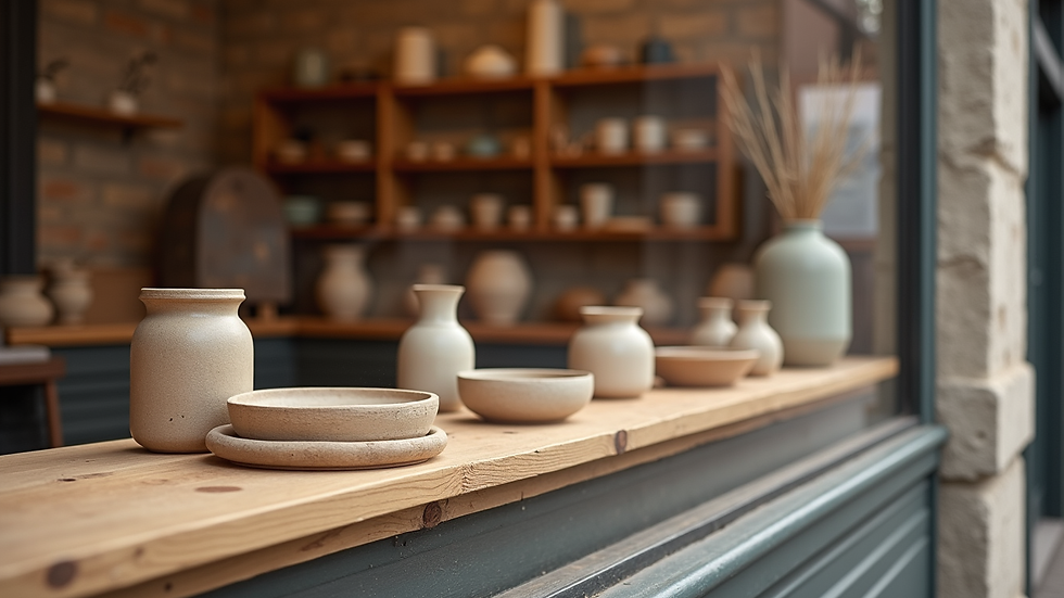Vue en plongée d'une vitrine d'atelier d'artisanat avec des objets en céramique et en bois