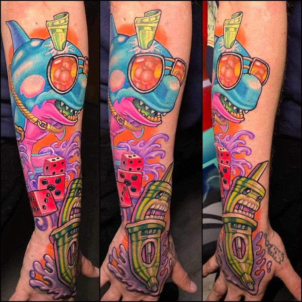 New school tattoo featuring a Shark and a tattoo needle cartridge.