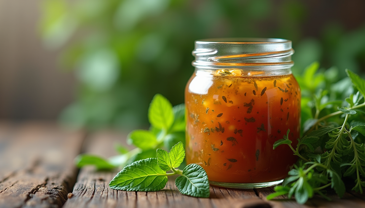 Close-up view of a jar of homemade Shatavari jam with fresh herbs on a wooden table