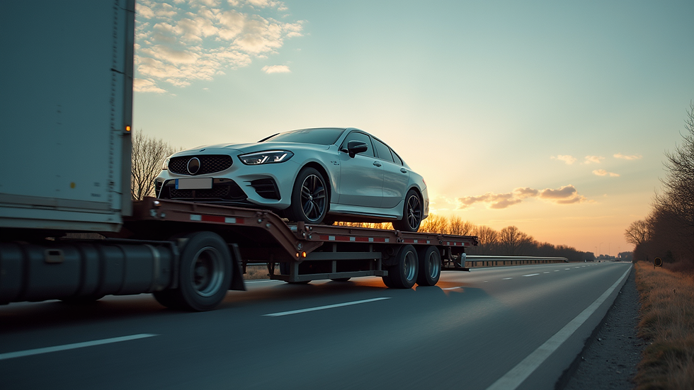 Eye-level view of a car loaded on an open transport trailer