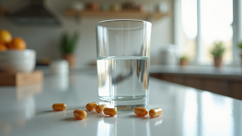 Eye-level view of a glass of water with probiotic capsules beside it on a kitchen counter