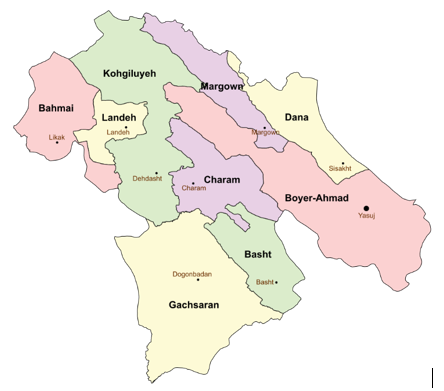 Mapa com as regiões de Kohgiluyeh e Boyer-Ahmad 