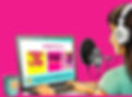 A person at a computer with headphones, speaking into a mic. Screen shows VoiceOver Workshop NYC info. Magenta background, coffee cup nearby.
