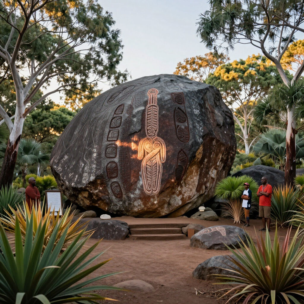 Indigenous rock art glowing on a large boulder with people observing