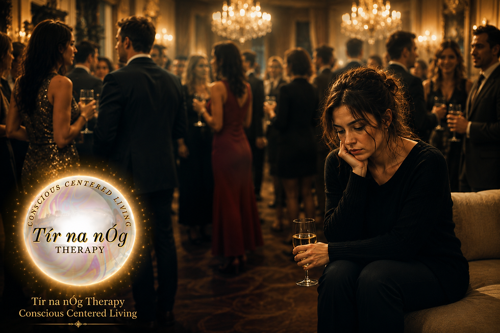 At a lively gathering, a woman sits apart, embodying the feeling of disconnection amidst the crowd, highlighting the essence of loneliness.