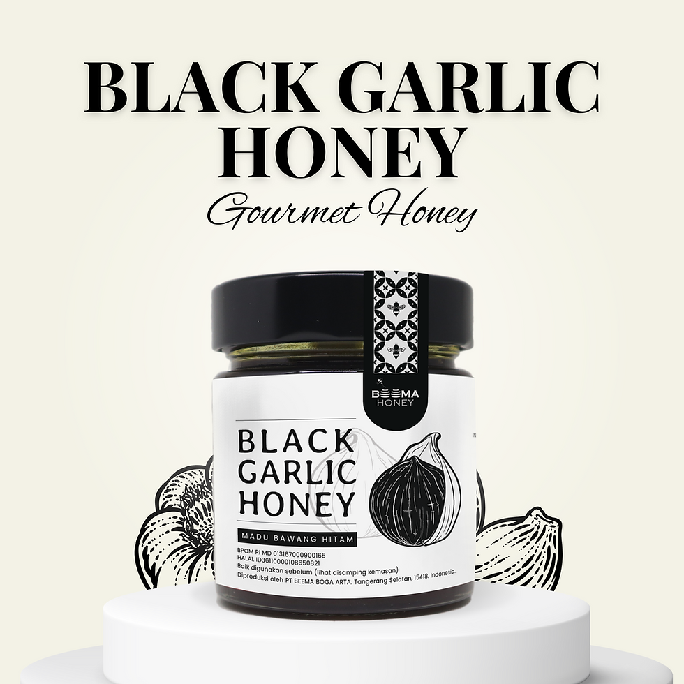 A 300g glass jar of Beema Honey Black Garlic gourmet honey resting on a white display pedestal. Large text reading "BLACK GARLIC HONEY Gourmet Honey" appears above the jar, set against a light background with subtle, faded line-art illustrations of garlic bulbs.