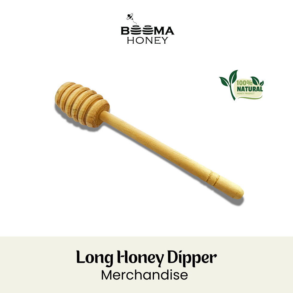 A Beema Honey long wooden honey dipper merchandise item centered on a white background. The brand logo and a certification mark for 100% Natural are displayed next to the product.