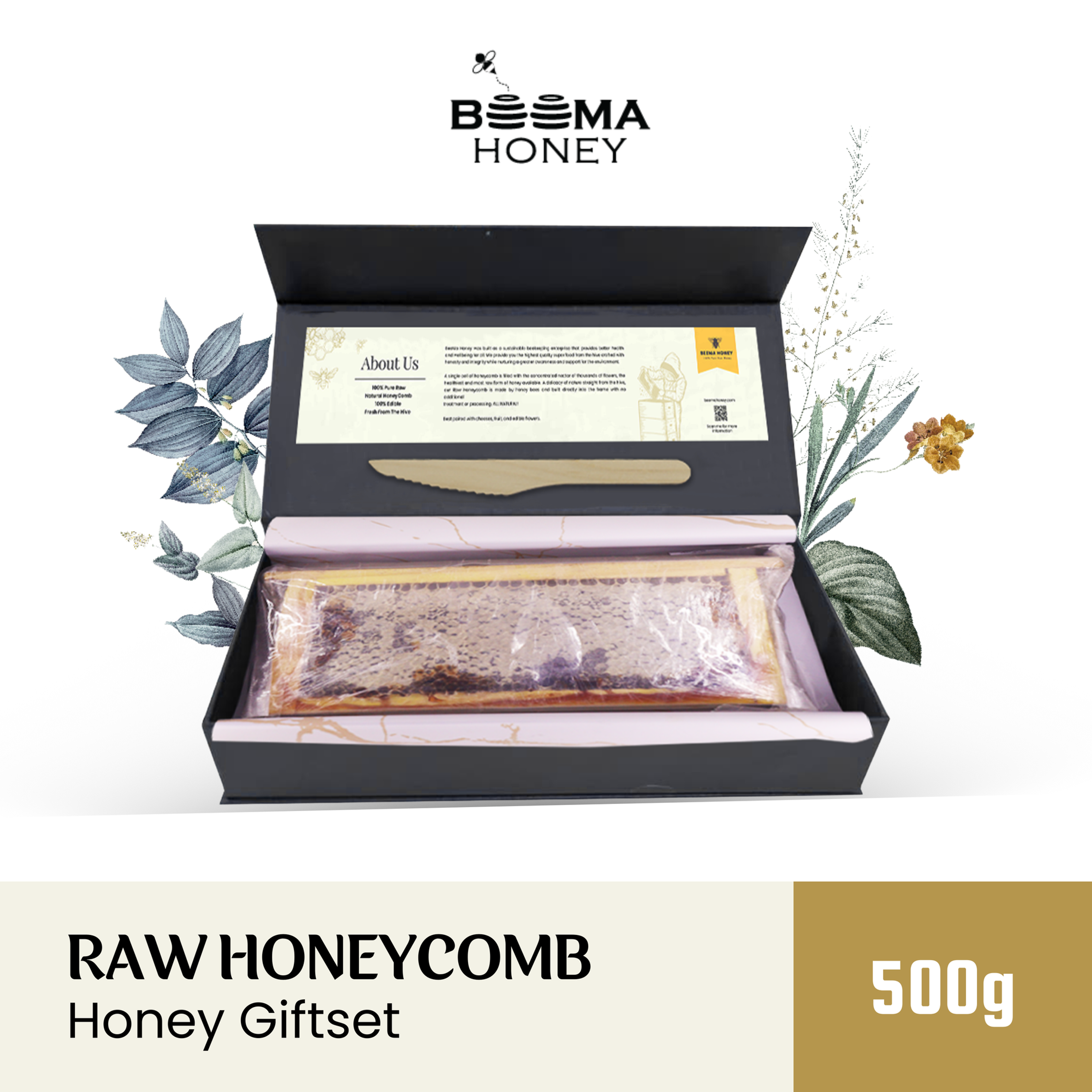 An open black Beema Honey Raw Honeycomb gift box containing a 500g raw honeycomb in a wooden frame and a wooden knife. The brand logo appears above the product, set against a white background with botanical floral illustrations.