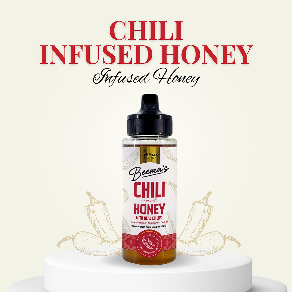 A 330g squeeze bottle of Beema Honey Chili Infused honey resting on a white display pedestal. Large text reading "CHILI INFUSED HONEY Infused Honey" appears above the product, set against a light background with subtle, faded line-art illustrations of chili peppers.