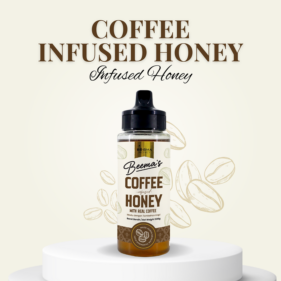 A 330g squeeze bottle of Beema Honey Coffee Infused honey resting on a white display pedestal. Large text reading "COFFEE INFUSED HONEY Infused Honey" appears above the product, set against a light background with subtle, faded line-art illustrations of coffee beans.