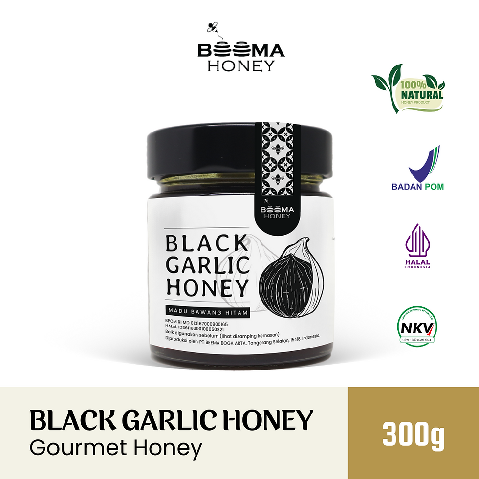 A 300g glass jar of Beema Honey Black Garlic gourmet honey centered on a white background. The brand logo and certification marks for 100% Natural, BADAN POM, Halal Indonesia, and NKV are displayed next to the product.