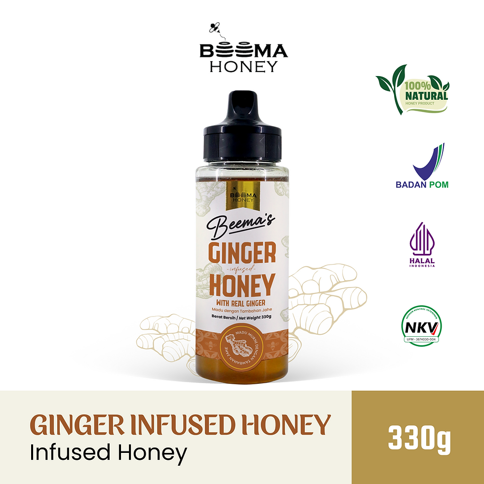 A 330g squeeze bottle of Beema Honey Ginger Infused honey centered on a white background. The brand logo and certification marks for 100% Natural, BADAN POM, Halal Indonesia, and NKV are displayed next to the product.