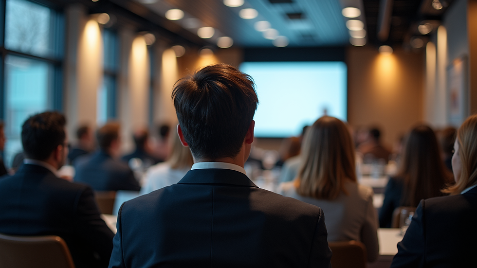 Eye-level view of a corporate conference room with attendees listening to a speaker