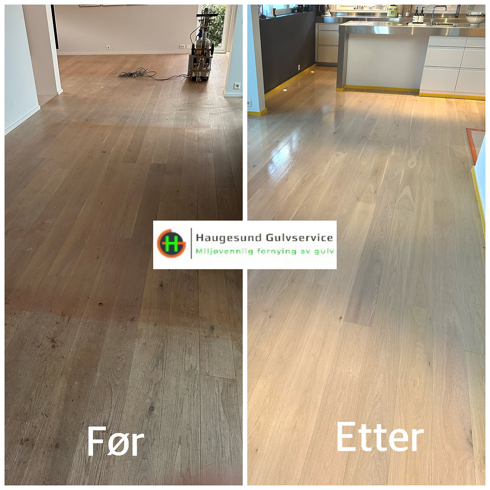 Parkettgulv som ble slipt og behandlet med hvitlakk og helt matt gulvlakk