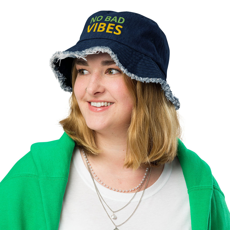 Thumbnail: Distressed NO BAD VIBES denim bucket hat