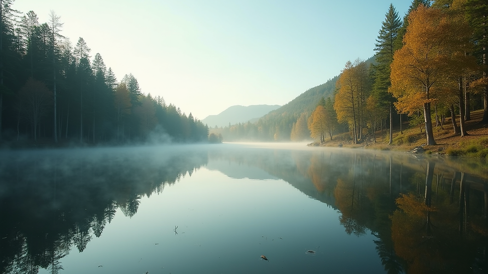 Eye-level view of a serene nature scene with a calm lake and surrounding trees