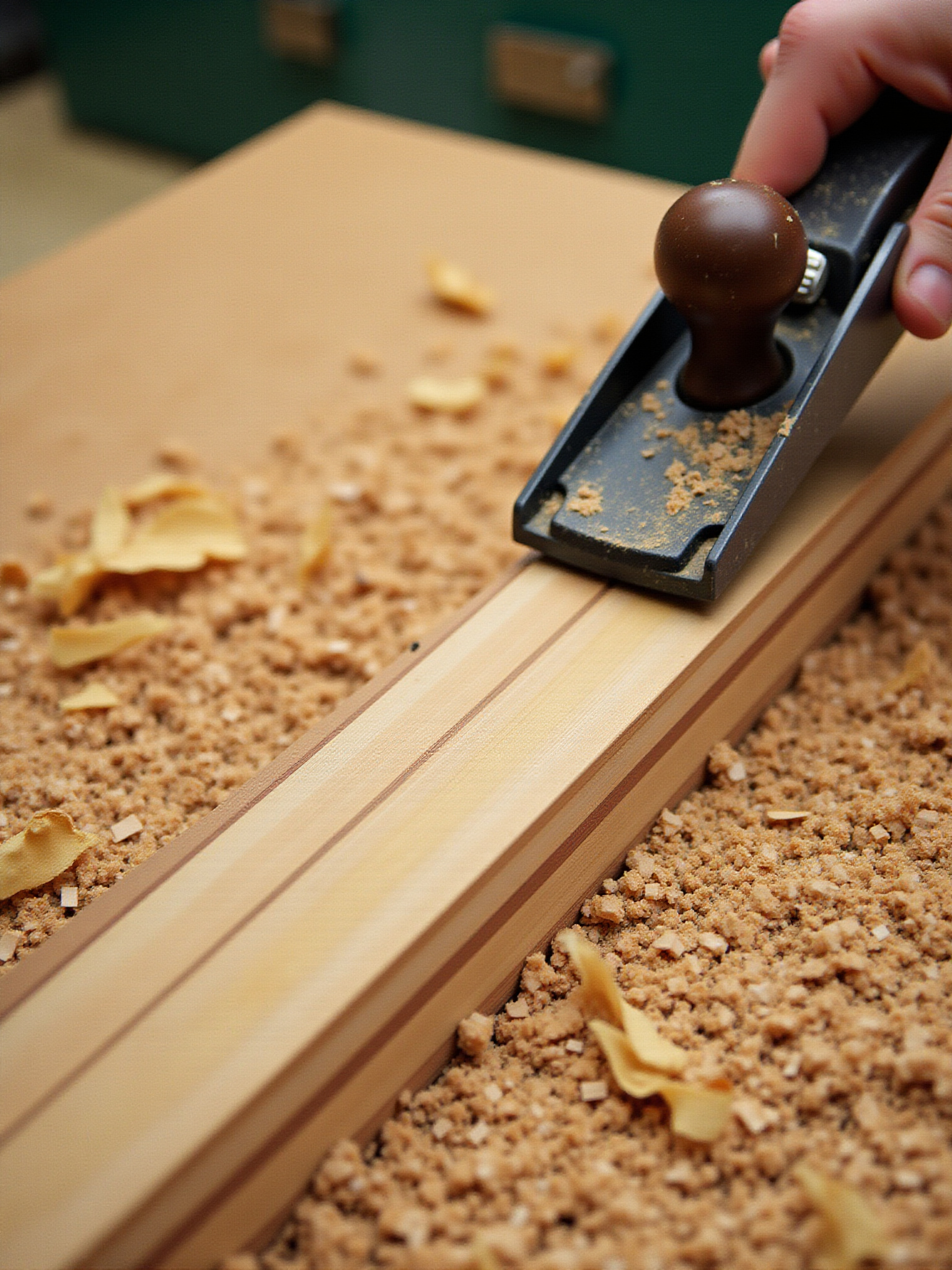 Hand plane shaping wood trim, surrounded by shavings Grainline Woodworks carpentry project.