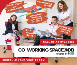 Co-Working Space@DB advertisement showing three professionals working together in a bright modern office, highlighting features such as private Zoom and meeting room, collaborative spaces, high-speed internet, 24/7 access and indoor/outdoor spaces. Includes the phone number 2426 8828 and a call to schedule a visit.